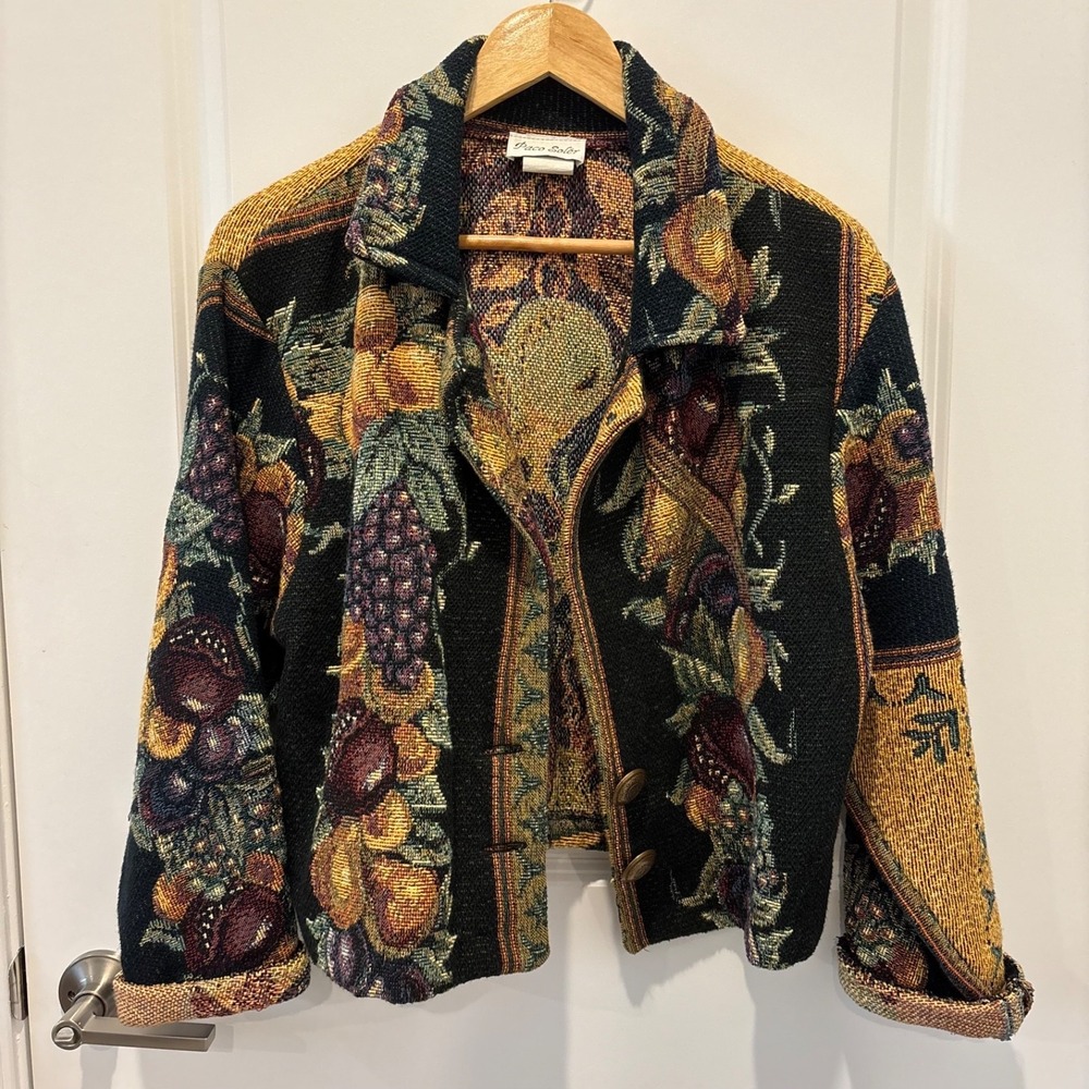 VTG Paco Soler | Tapestry Jacket Tuscan Fruit Blazer Sz S/M Art Wear